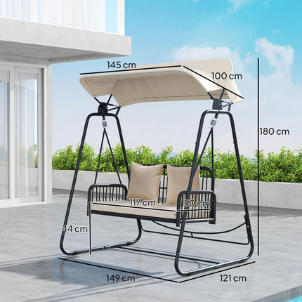 Hollywood Swing rotan 2-zits tuinschommel met verstelbaar zonnekapkussen hangbank draagvermogen tot 240 kg hangende schommelbank voor tuinbalkon 149 x 121 x 180 cm kaki Aosoom