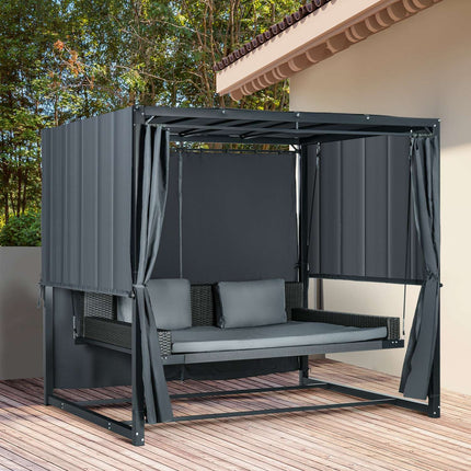 Weatherproof garden bed with pergola and cushion