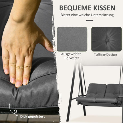 Hollywood swing, 2-zits tuinschommel met verstelbaar dak, kussen, schommelbank, draagvermogen tot 220 kg, voor tuin, balkon, donkergrijs, 145 x 116 x 172 cm