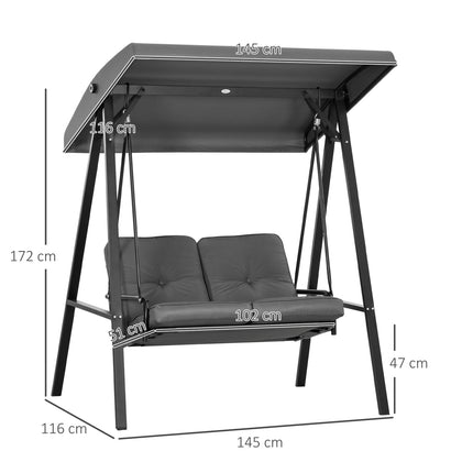 Hollywood swing, 2-zits tuinschommel met verstelbaar dak, kussen, schommelbank, draagvermogen tot 220 kg, voor tuin, balkon, donkergrijs, 145 x 116 x 172 cm