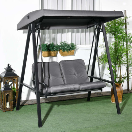 Hollywood swing, 2-zits tuinschommel met verstelbaar dak, kussen, schommelbank, draagvermogen tot 220 kg, voor tuin, balkon, donkergrijs, 145 x 116 x 172 cm