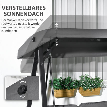Hollywood swing, 2-zits tuinschommel met verstelbaar dak, kussen, schommelbank, draagvermogen tot 220 kg, voor tuin, balkon, donkergrijs, 145 x 116 x 172 cm