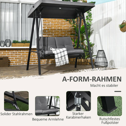 Hollywood swing, 2-zits tuinschommel met verstelbaar dak, kussen, schommelbank, draagvermogen tot 220 kg, voor tuin, balkon, donkergrijs, 145 x 116 x 172 cm