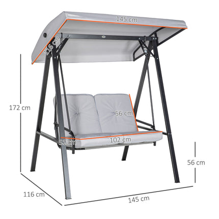 Hollywood-schommel, 2-zits tuinschommel met verstelbaar dak, kussen, schommelbank, draagvermogen tot 220 kg, voor tuin, balkon, grijs, 145 x 116 x 172 cm
