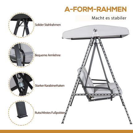 Hollywood-schommel, 2-zits tuinschommel met verstelbaar dak, kussen, schommelbank, draagvermogen tot 220 kg, voor tuin, balkon, grijs, 145 x 116 x 172 cm