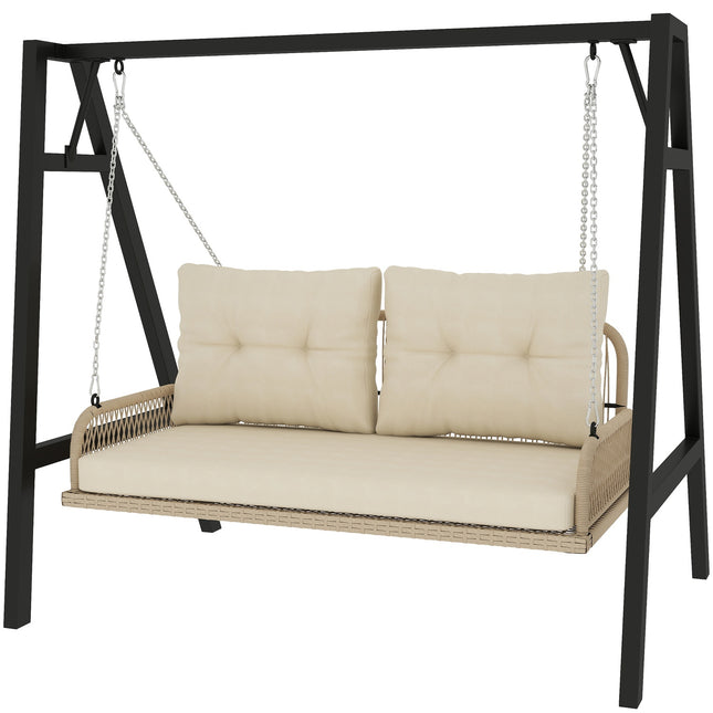 Rattan 2-seat garden swing with cushions, beige