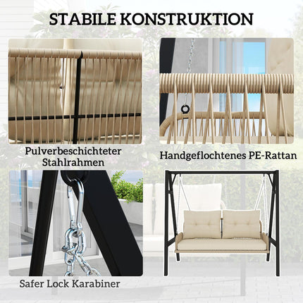 Hollywood swing 2-zits rotan tuinschommel met kussens kettingen hangbank draagvermogen tot 240 kg hangende schommel schommelbank tuinbank voor tuinbalkon 115 x 66 x 44 cm beige Aosoom