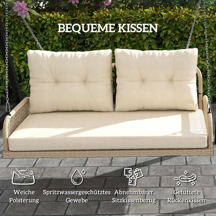 Hollywood swing 2-zits rotan tuinschommel met kussens kettingen hangbank draagvermogen tot 240 kg hangende schommel schommelbank tuinbank voor tuinbalkon 115 x 66 x 44 cm beige Aosoom