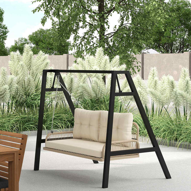 Rattan 2-seat garden swing with cushions, beige