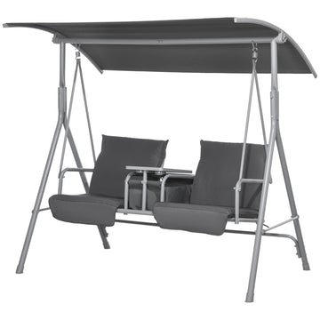 2-seat black garden swing with canopy and tray