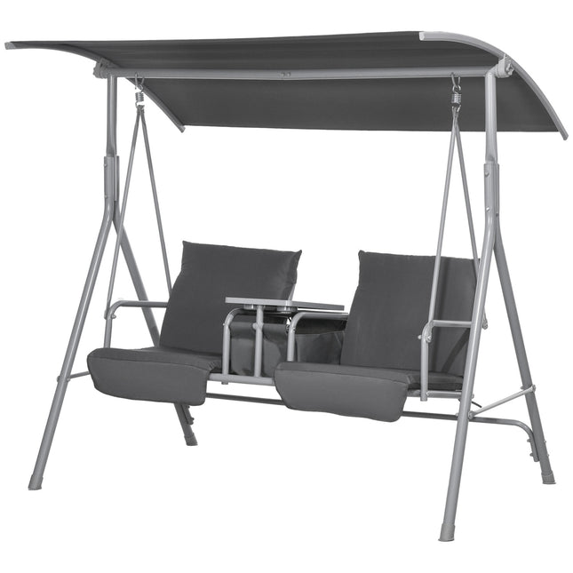 2-seat black garden swing with canopy and tray
