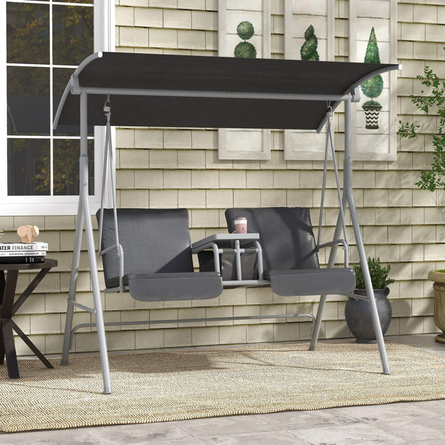 2-seat black garden swing with canopy and tray