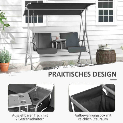 2-seat black garden swing with canopy and tray