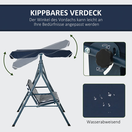 Hollywood swing 3-zits tuinschommel met verstelbaar dak, waterafstotende schommelbank belastbaar tot 240 kg, voor tuin, balkon, gaas, blauw Aosom
