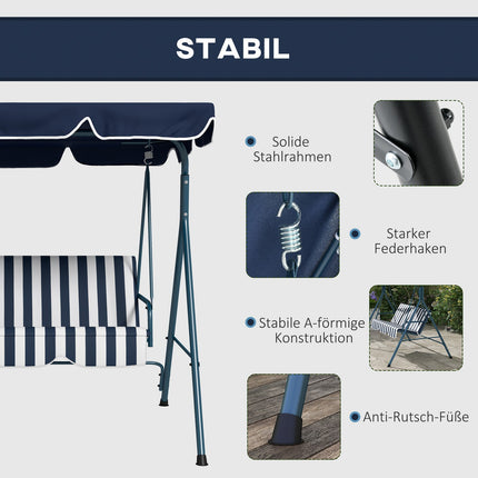 Hollywood swing 3-zits tuinschommel met verstelbaar dak, waterafstotende schommelbank belastbaar tot 240 kg, voor tuin, balkon, gaas, blauw Aosom
