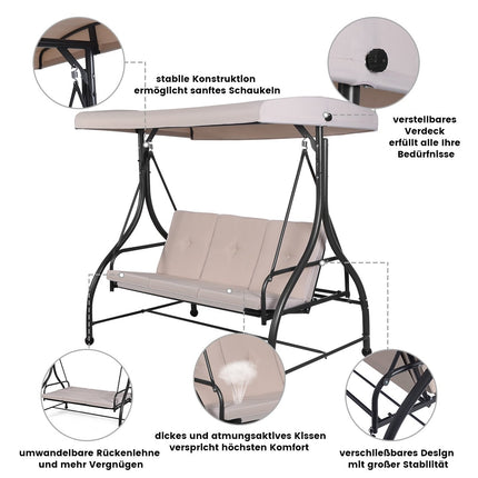 Hollywood swing with reclining function, 3-seater garden swing 183 x 112 x 178 cm beige
