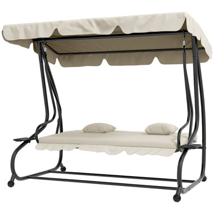 Hollywoodschommel met ligfunctie, 3-zits tuinschommel met verstelbaar dak, bijzettafel, waterafstotende schommelbank belastbaar tot 340kg, voor tuin, 200x120x164cm, crèmewit Aosom