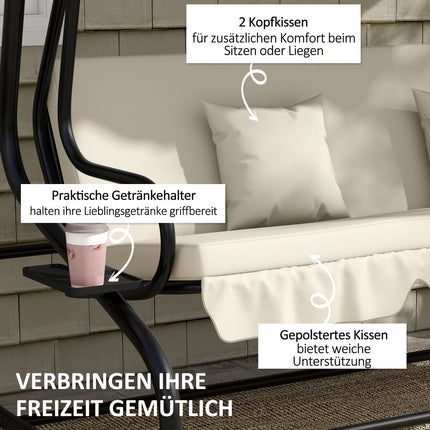 Hollywoodschommel met ligfunctie, 3-zits tuinschommel met verstelbaar dak, bijzettafel, waterafstotende schommelbank belastbaar tot 340kg, voor tuin, 200x120x164cm, crèmewit Aosom