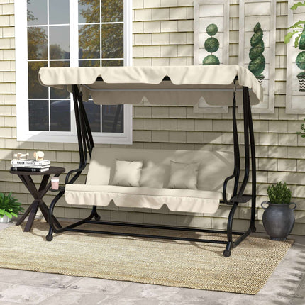 Hollywoodschommel met ligfunctie, 3-zits tuinschommel met verstelbaar dak, bijzettafel, waterafstotende schommelbank belastbaar tot 340kg, voor tuin, 200x120x164cm, crèmewit Aosom