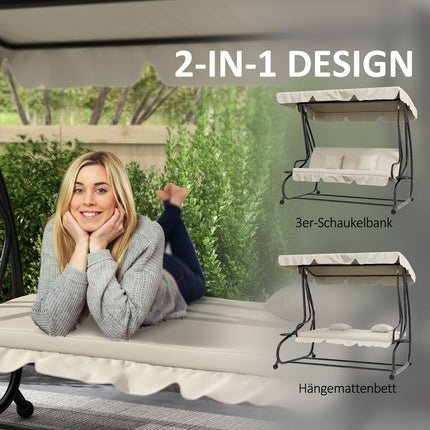 Hollywoodschommel met ligfunctie, 3-zits tuinschommel met verstelbaar dak, bijzettafel, waterafstotende schommelbank belastbaar tot 340kg, voor tuin, 200x120x164cm, crèmewit Aosom