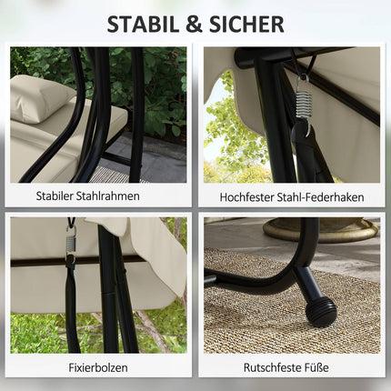 Hollywoodschommel met ligfunctie, 3-zits tuinschommel met verstelbaar dak, bijzettafel, waterafstotende schommelbank belastbaar tot 340kg, voor tuin, 200x120x164cm, crèmewit Aosom