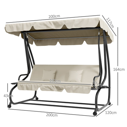 Hollywoodschommel met ligfunctie, 3-zits tuinschommel met verstelbaar dak, bijzettafel, waterafstotende schommelbank belastbaar tot 340kg, voor tuin, 200x120x164cm, crèmewit Aosom