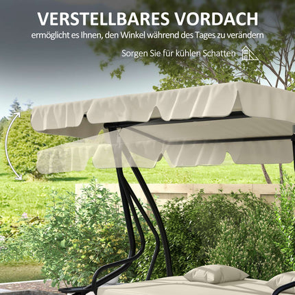 Hollywoodschommel met ligfunctie, 3-zits tuinschommel met verstelbaar dak, bijzettafel, waterafstotende schommelbank belastbaar tot 340kg, voor tuin, 200x120x164cm, crèmewit Aosom
