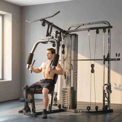 Home Gym Station with 65kg Weights, Lat Pull, Preacher Bench