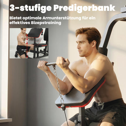 Home Gym Station with 65kg Weights, Lat Pull, Preacher Bench