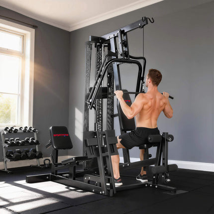 Home Gym Station with Leg Press, Adjustable Seat, 65kg Weights