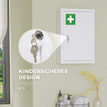 Lockable medicine cabinet in white steel, childproof, 3 compartments