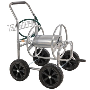 Hose Reel Cart, 250 Ft 5/8in Capacity, 4 Wheels, Basket