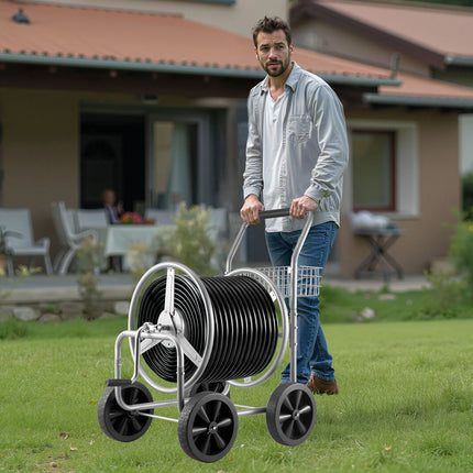 Hose Reel Cart, 250 Ft 5/8in Capacity, 4 Wheels, Basket