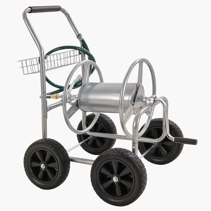 Hose Reel Cart, 250 Ft 5/8in Capacity, 4 Wheels, Basket