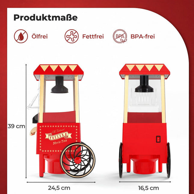 Hot Air Popcorn Maker 1200W, Oil-Free, Retro Red