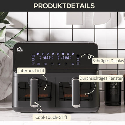 8L Air Fryer, Dual Chamber, No Oil, 2500W, Black