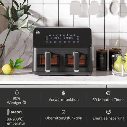 8L Air Fryer, Dual Chamber, No Oil, 2500W, Black