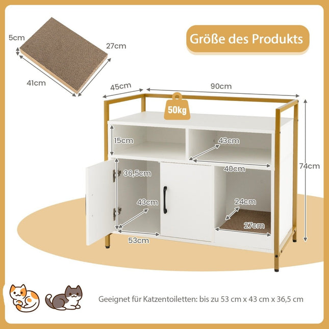 Behuizing voor kattentoilet kattenkast met dubbele deuren & krabmat 89 x 45 x 74,5 cm wit