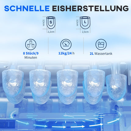 Ice machine 12Kg/24H with LED screen and self-cleaning