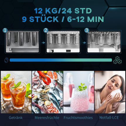 Ice Cube Maker, 9 cubes in 6-12 min, 12 kg/day, black