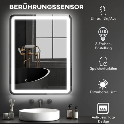Illuminated Bathroom Mirror, Touch Control, Anti-Fog, 70x90 cm