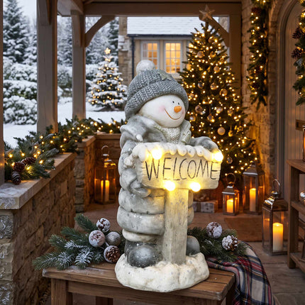 Illuminated Snowman Christmas Statue with Welcome Sign
