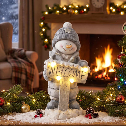 Illuminated Snowman Christmas Statue with Welcome Sign