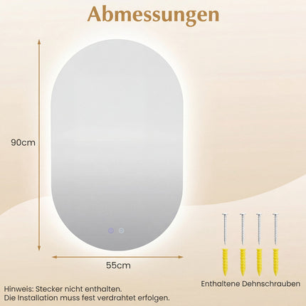 Illuminated Wall Mirror, 3-Color Dimmable, Anti-Fog, 80x50 cm