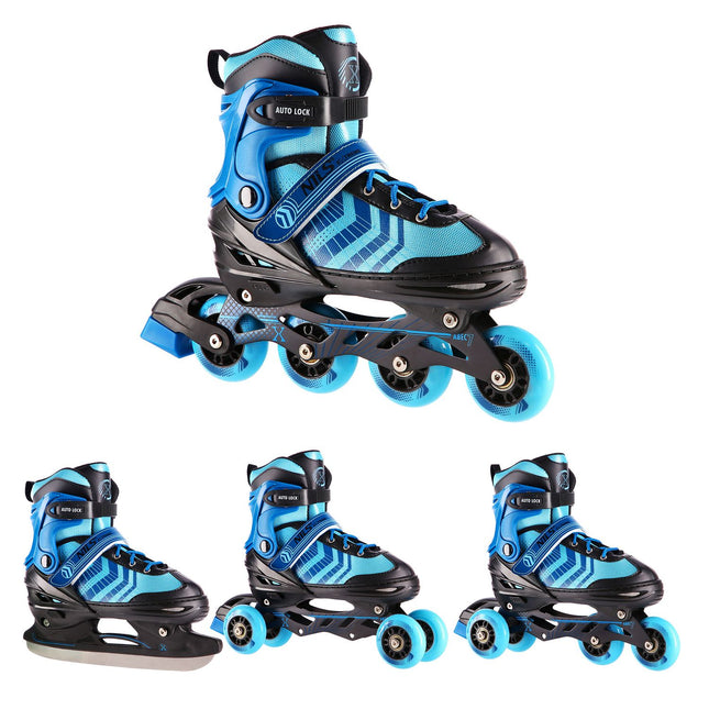 In-Line & Hockey Ice Skates, 4-in-1, Black-Blue, Size S