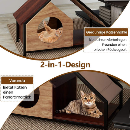 Indoor Cat House with Veranda, Removable Roof, Metal Frame