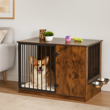 Indoor Dog Crate with Bowls – Wood Effect, Medium