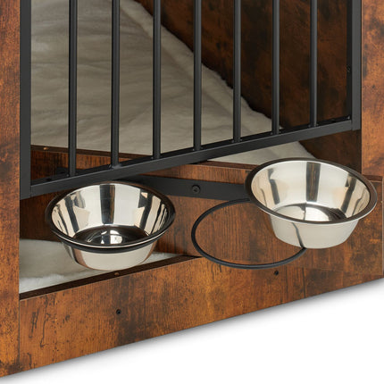 Indoor Dog Crate with Bowls – Wood Effect, Medium