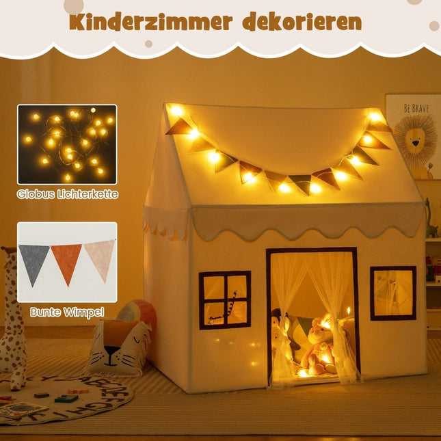 Indoor Kids Play Tent with Mat and Lights, Beige, 123x107x137 cm