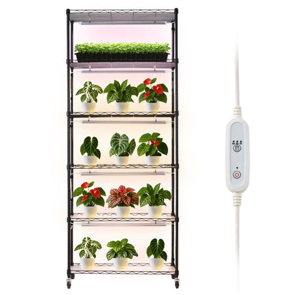 Indoor Plant Stand with Grow Lights, 6-Tier, Timer, Wheels